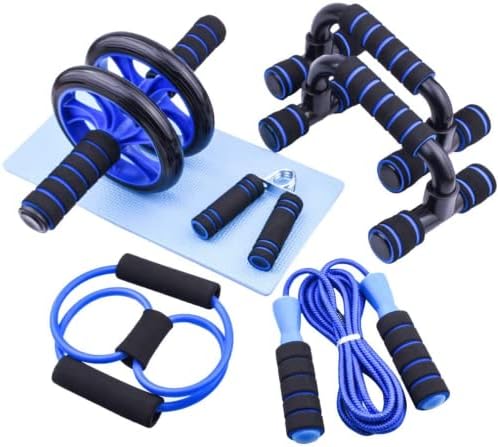 AERLANG Juego de ruedas abdominales 7 en 1 con 2 barras de flexión, banda de resistencia, cuerda de saltar, agarre de mano y rodillera, entrenamiento de fitness en casa, gimnasio en casa, equipo