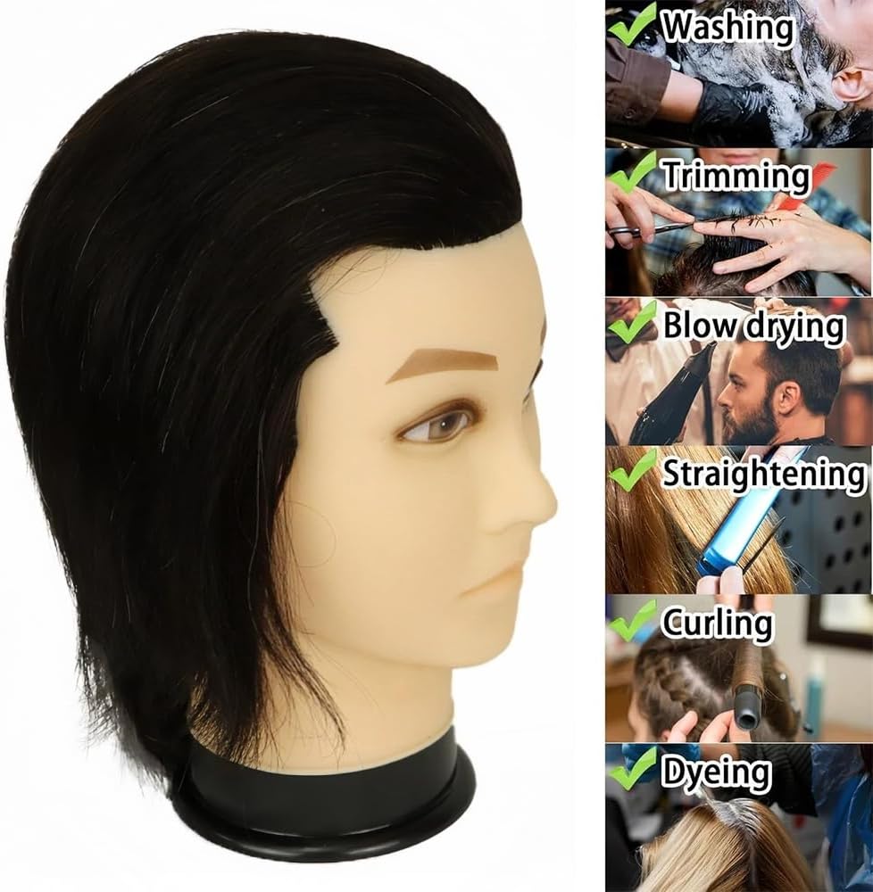 Cabeza de maniquí de peluquero masculino con pelo humano para peinado