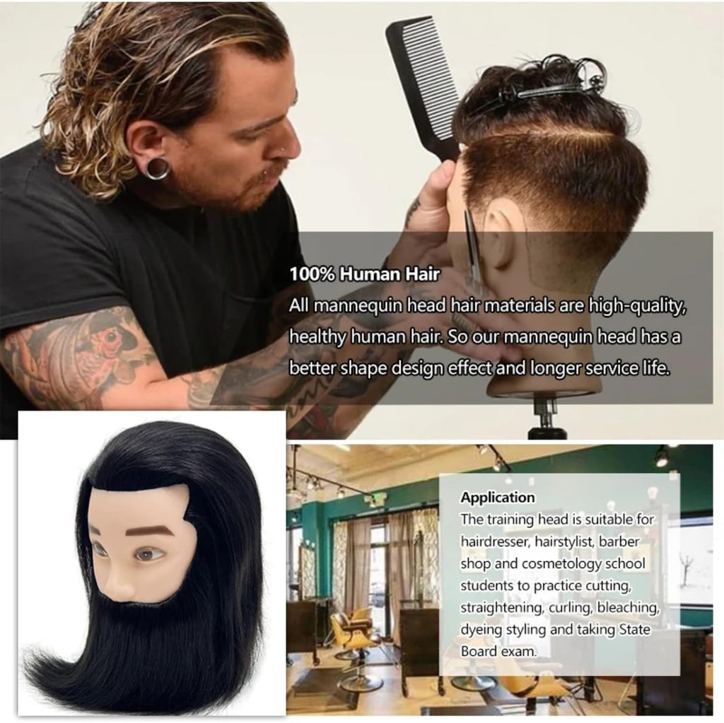 Cabeza de maniquí de peluquero masculino con pelo humano para peinado