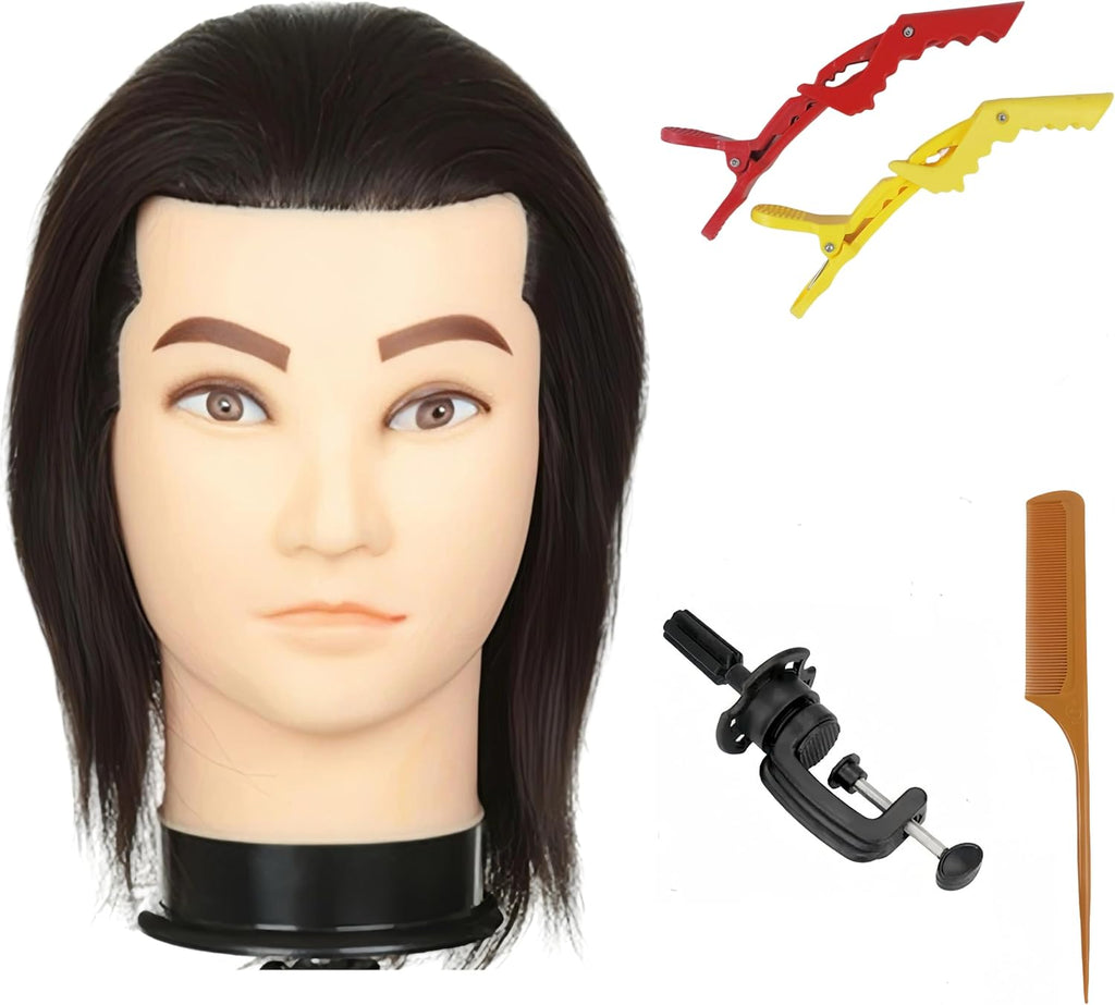 Cabeza de maniquí de peluquero masculino con pelo humano para peinado
