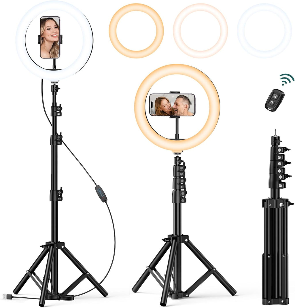 ATUMTEK 10" Ring Light with 55" Tripod Stand, Dimmable LED Selfie Light with Phone Holder & Bluetooth Remote, 3 Color Modes & 10 Brightness Levels for TikTok, Zoom, YouTube, Streaming, Vlogging