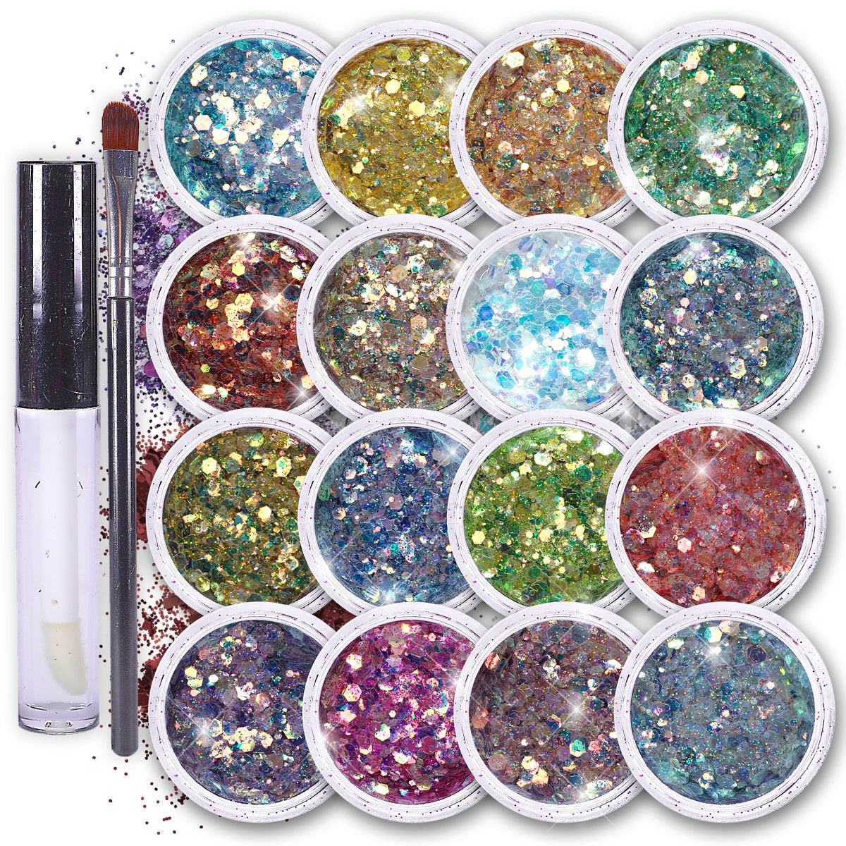 16 pack + 1 glitter glue Chunky Cosmetic Holographic Glitter | Body, Face & Hair Safe