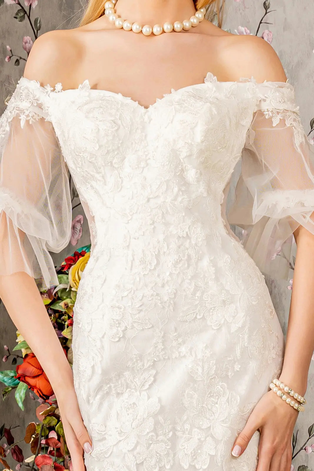 Floral embroidery bead sheer sleeves mesh mermaid wedding gown GLGL3479