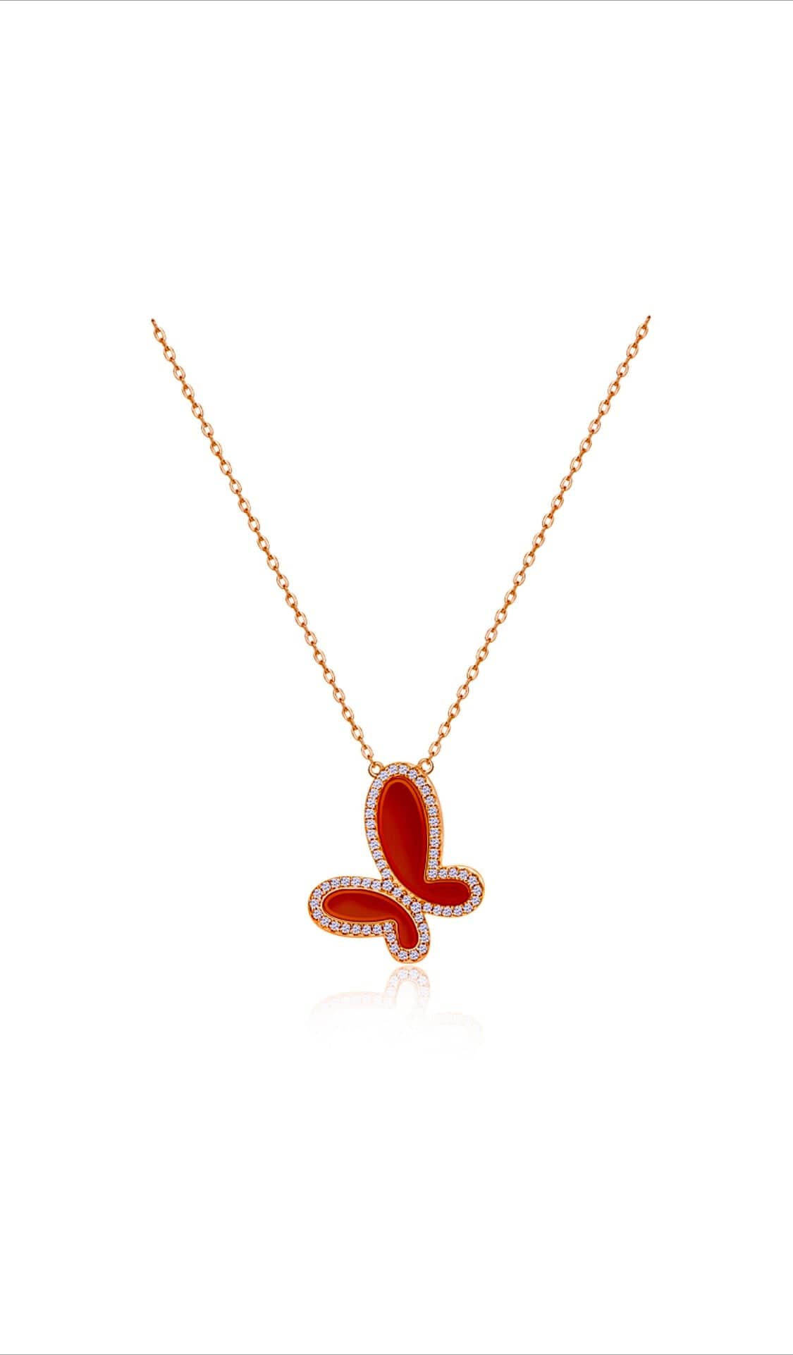 Red Agate w/ 18k Gold & Cubic Zirconia Butterfly Necklace Jewelry
