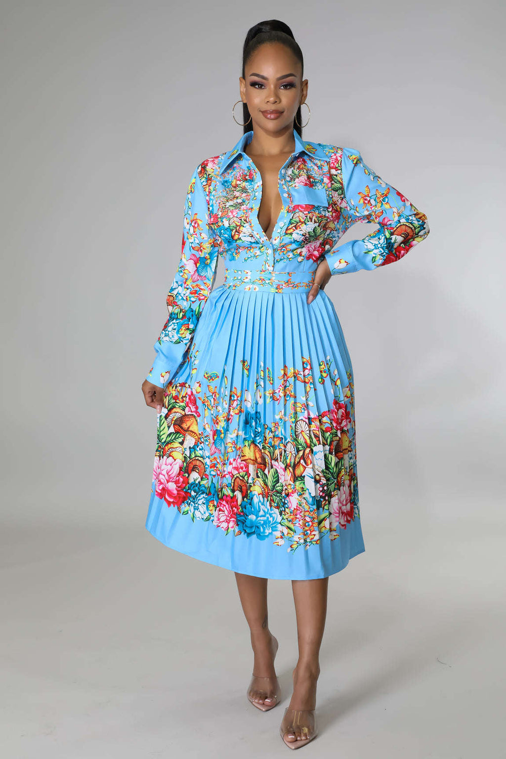 Pleated Print Long Sleeve Mid-Calf Lapel Standard-Waist Pullover Dress
