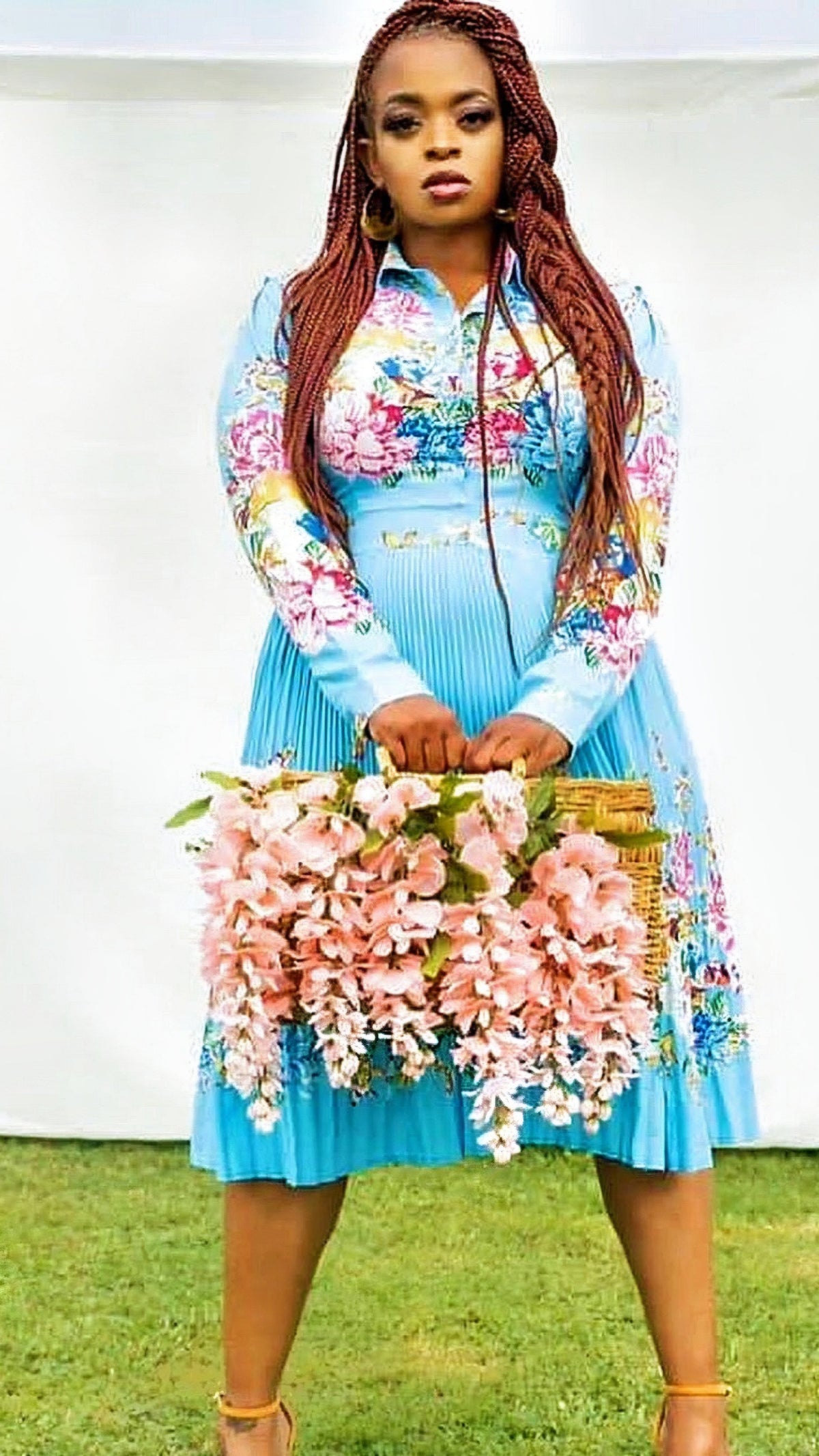 Pleated Print Long Sleeve Mid-Calf Lapel Standard-Waist Pullover Dress
